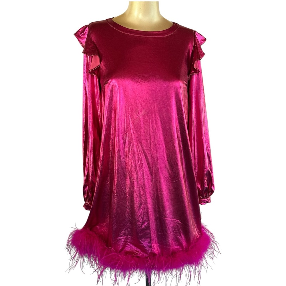 JODIFL Custom Metallic Pink Mini Dress With Feather Trim - Size Small